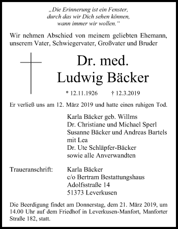 Anzeige von Ludwig Bäcker von Kölner Stadt-Anzeiger / Kölnische Rundschau / Express