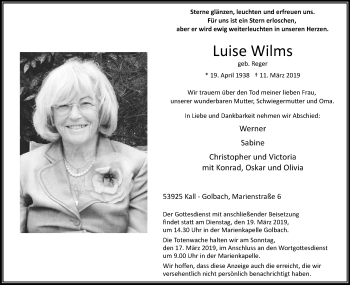 Anzeige von Luise Wilms von Kölner Stadt-Anzeiger / Kölnische Rundschau / Express
