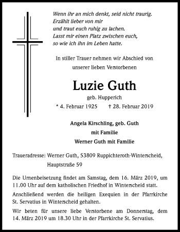 Anzeige von Luzie Guth von Kölner Stadt-Anzeiger / Kölnische Rundschau / Express