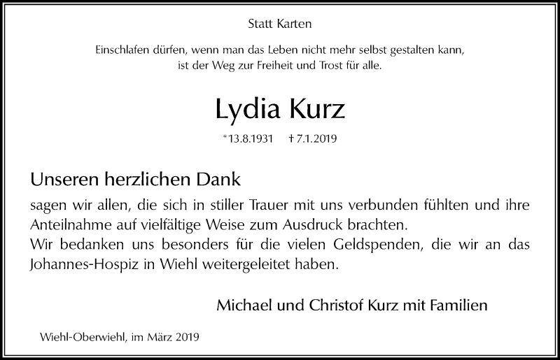  Traueranzeige für Lydia Kurz vom 13.03.2019 aus  Anzeigen Echo 