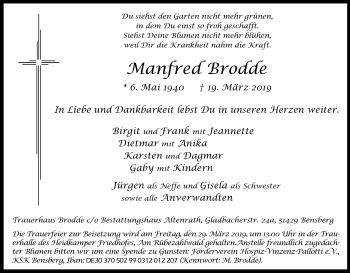 Anzeige von Manfred Brodde von Kölner Stadt-Anzeiger / Kölnische Rundschau / Express