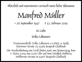 Anzeige von Manfred Müller von Kölner Stadt-Anzeiger / Kölnische Rundschau / Express