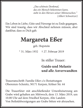 Anzeige von Margareta Eßer von  Sonntags-Post 