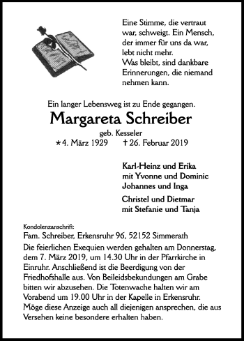 Anzeige von Margareta Schreiber von Kölner Stadt-Anzeiger / Kölnische Rundschau / Express