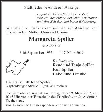 Anzeige von Margareta Spiller von  Sonntags-Post 