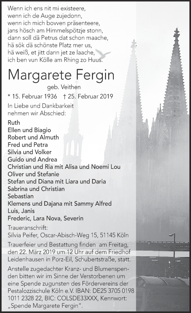  Traueranzeige für Margarete Fergin vom 13.03.2019 aus  Kölner Wochenspiegel 