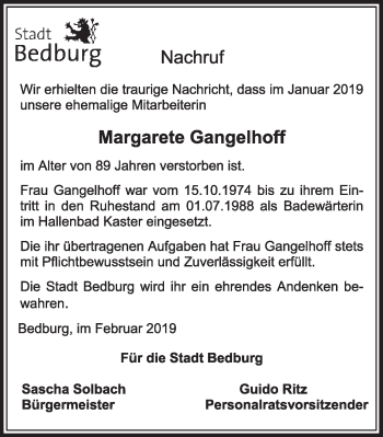 Anzeige von Margarete Gangelhoff von  Sonntags-Post 