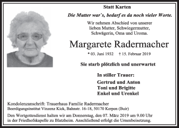 Anzeige von Margarete Radermacher von  Sonntags-Post 