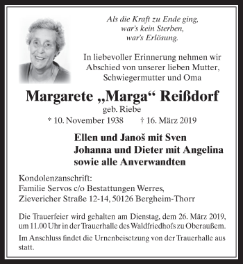 Anzeige von Margarete Reißdorf von  Werbepost 