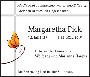 Anzeige von Margaretha Pick von Kölner Stadt-Anzeiger / Kölnische Rundschau / Express