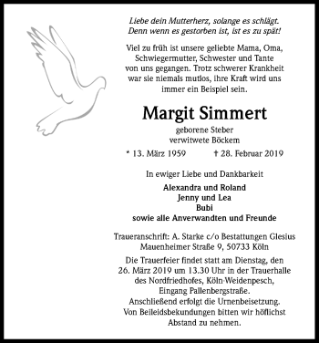 Anzeige von Margit Simmert von Kölner Stadt-Anzeiger / Kölnische Rundschau / Express