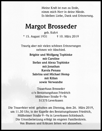 Anzeige von Margot Brosseder von Kölner Stadt-Anzeiger / Kölnische Rundschau / Express