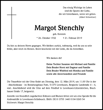 Anzeige von Margot Stenchly von Kölner Stadt-Anzeiger / Kölnische Rundschau / Express