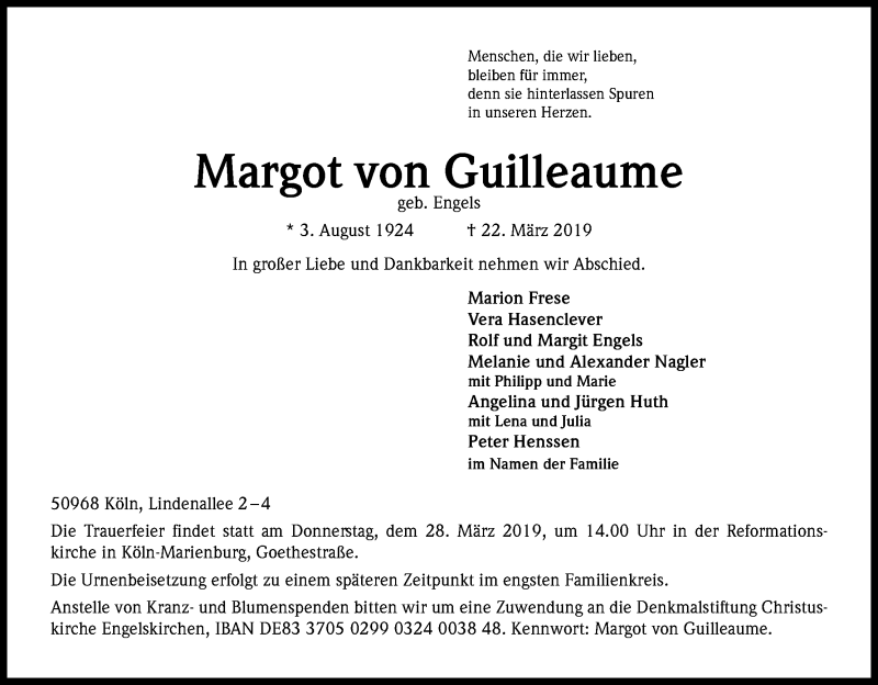  Traueranzeige für Margot  von Guilleaume vom 26.03.2019 aus Kölner Stadt-Anzeiger / Kölnische Rundschau / Express