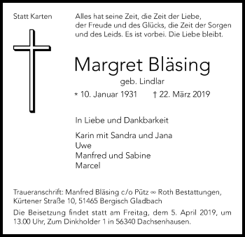 Anzeige von Margret Bläsing von Kölner Stadt-Anzeiger / Kölnische Rundschau / Express
