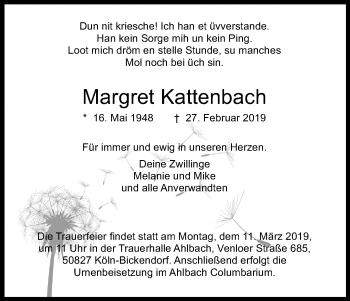 Anzeige von Margret Kattenbach von Kölner Stadt-Anzeiger / Kölnische Rundschau / Express