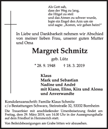 Anzeige von Margret Schmitz von  Schlossbote/Werbekurier 