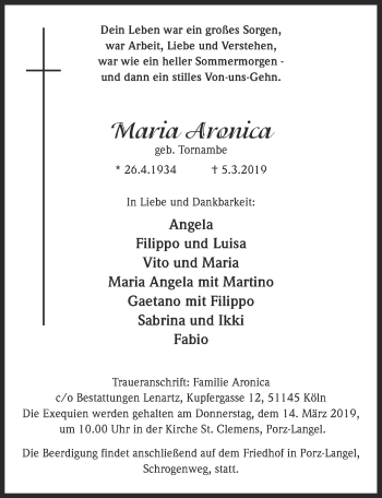 Anzeige von Maria Aronica von  Kölner Wochenspiegel 