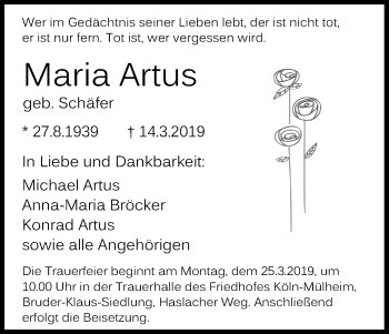 Anzeige von Maria Artus von Kölner Stadt-Anzeiger / Kölnische Rundschau / Express