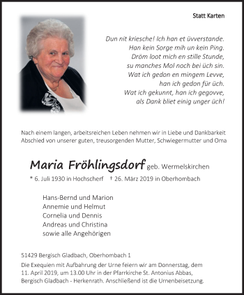 Anzeige von Maria Fröhlingsdorf von Kölner Stadt-Anzeiger / Kölnische Rundschau / Express
