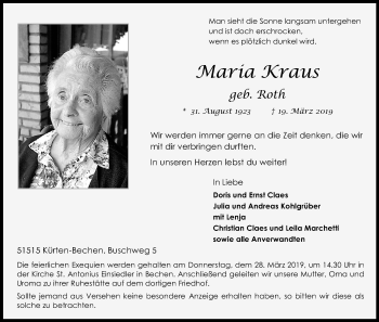 Anzeige von Maria Kraus von Kölner Stadt-Anzeiger / Kölnische Rundschau / Express