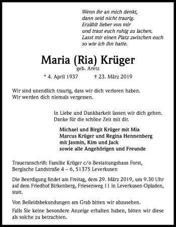 Anzeige von Maria Krüger von Kölner Stadt-Anzeiger / Kölnische Rundschau / Express