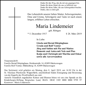 Anzeige von Maria Lindemeier von Kölner Stadt-Anzeiger / Kölnische Rundschau / Express