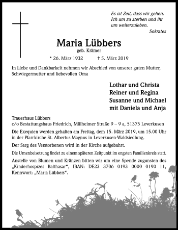 Anzeige von Maria Lübbers von Kölner Stadt-Anzeiger / Kölnische Rundschau / Express