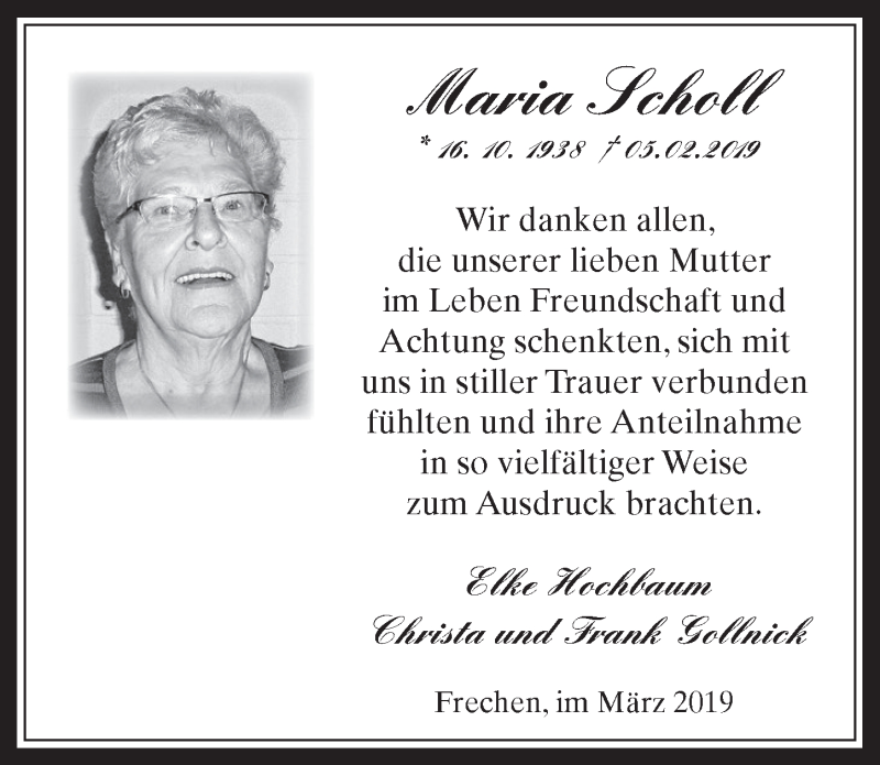  Traueranzeige für Maria Scholl vom 20.03.2019 aus  Wochenende 