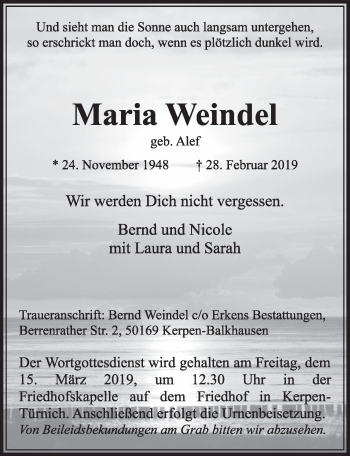 Anzeige von Maria Weindel von  Sonntags-Post 