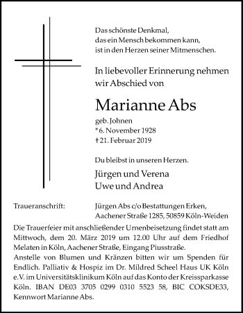 Anzeige von Marianne Abs von Kölner Stadt-Anzeiger / Kölnische Rundschau / Express
