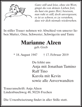 Anzeige von Marianne Alzen von  Sonntags-Post 