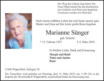 Anzeige von Marianne Sünger von Kölner Stadt-Anzeiger / Kölnische Rundschau / Express