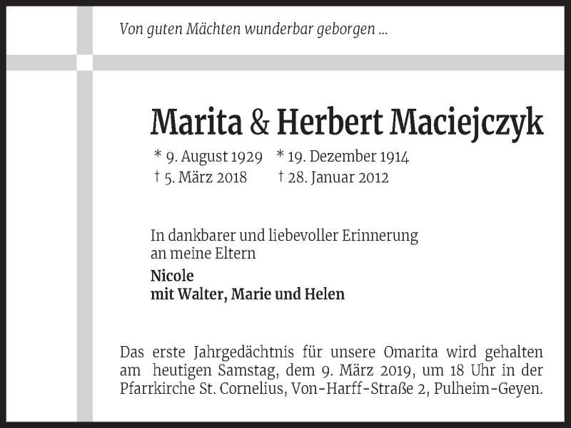  Traueranzeige für Marita Maciejczyk vom 09.03.2019 aus Kölner Stadt-Anzeiger / Kölnische Rundschau / Express