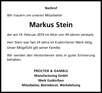 Anzeige von Markus Stein von Kölner Stadt-Anzeiger / Kölnische Rundschau / Express