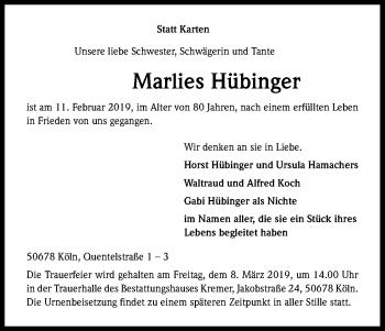 Anzeige von Marlies Hübinger von Kölner Stadt-Anzeiger / Kölnische Rundschau / Express