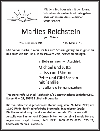 Anzeige von Marlies Reichstein von  Sonntags-Post 