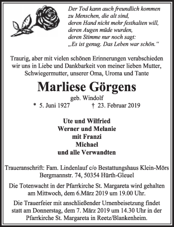 Anzeige von Marliese Görgens von  Sonntags-Post 