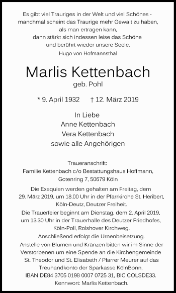 Anzeige von Marlis Kettenbach von Kölner Stadt-Anzeiger / Kölnische Rundschau / Express