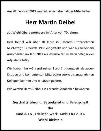 Anzeige von Martin Deibel von Kölner Stadt-Anzeiger / Kölnische Rundschau / Express
