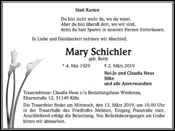 Anzeige von Mary Schichler von Kölner Stadt-Anzeiger / Kölnische Rundschau / Express