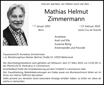 Anzeige von Mathias Helmut Zimmermann von Kölner Stadt-Anzeiger / Kölnische Rundschau / Express