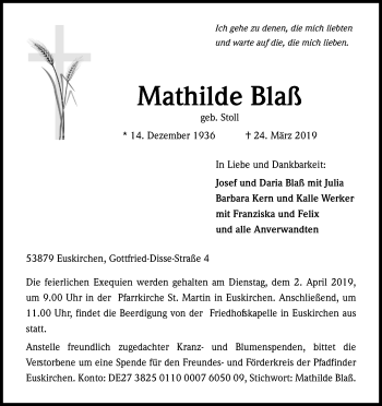 Anzeige von Mathilde Blaß von Kölner Stadt-Anzeiger / Kölnische Rundschau / Express