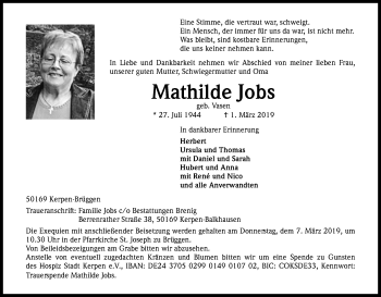 Anzeige von Mathilde Jobst von Kölner Stadt-Anzeiger / Kölnische Rundschau / Express