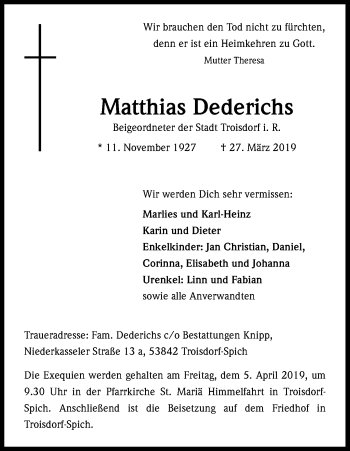 Anzeige von Matthias Dederichs von Kölner Stadt-Anzeiger / Kölnische Rundschau / Express