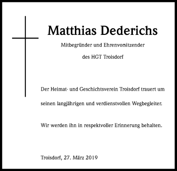 Anzeige von Matthias Dederichs von Kölner Stadt-Anzeiger / Kölnische Rundschau / Express
