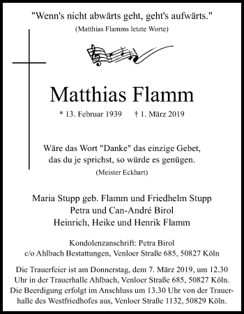 Anzeige von Matthias Flamm von Kölner Stadt-Anzeiger / Kölnische Rundschau / Express