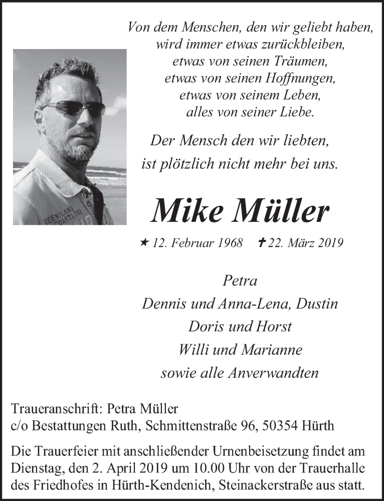  Traueranzeige für Mike Müller vom 27.03.2019 aus  Wochenende 