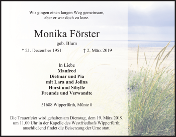 Anzeige von Monika Förster von Kölner Stadt-Anzeiger / Kölnische Rundschau / Express