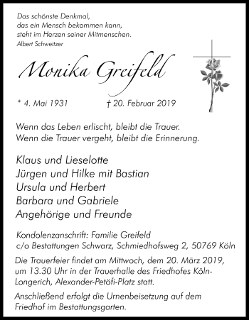 Anzeige von Monika Greifeld von Kölner Stadt-Anzeiger / Kölnische Rundschau / Express
